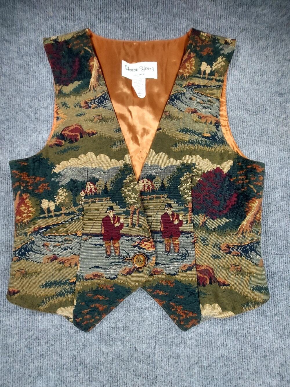 Vintage 90 Sharon Young Tapestry Vest Small Fly Fishing River Landscape Gorpcore